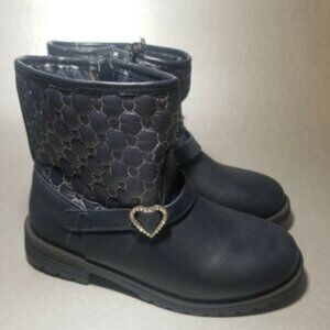 PIPER Girls Boots Navy Blue Rhinestone Heart Embroidery Bootie Size 12